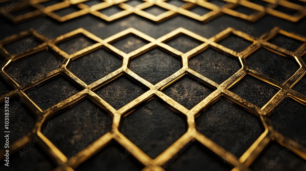 Poster an enchanting background with golden geometric patterns on a smooth, dark surface, exuding elegance 