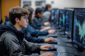 Focused students working on computer monitors, analyzing data and collaborating in a technology-driven learning environment.