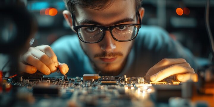 Focused technician assembling electronic circuit board with precision, showcasing expertise in technology and engineering. Close-up view.