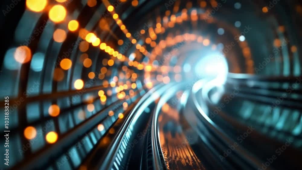 Poster A mesmerizing tunnel transports the viewer through swirling particles of light, creating an immersive experience of speed and energy at twilight.