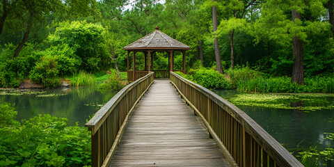 Fototapeta premium Scenic Wooden Bridge Over a Lake in a Serene Park