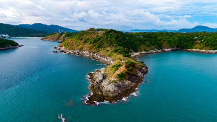 Aerial drone view of the beautiful Promthep Cape overlooking the Andaman Sea from Phuket island