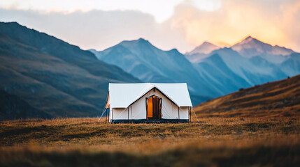 cozy tent in mountainous landscape at sunset