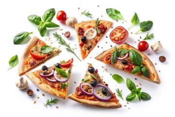 flying slices of vegan pizza and ingredients on white background