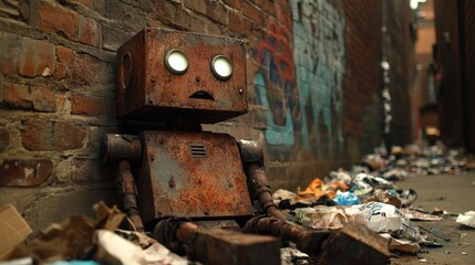 Homeless Robot Amongst Trash in the City