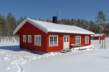 A cozy red wooden house surrounded by snow-covered trees in a serene winter landscape during bright daylight