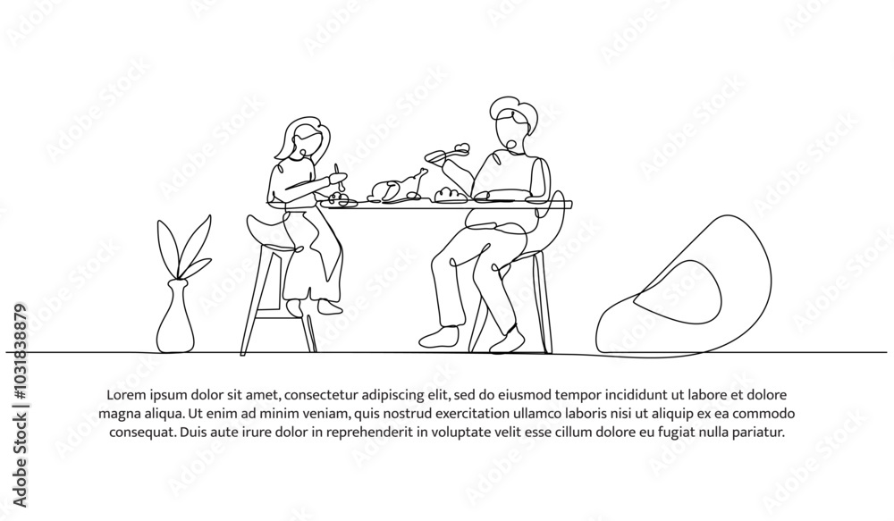 Poster continuous line design of eating with my brother. single line decorative element drawn on white.