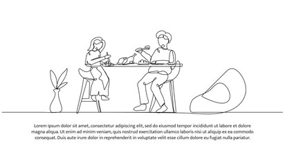 Continuous line design of eating with my brother. Single line decorative element drawn on white.