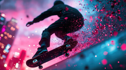 Skateboarder performing trick in urban setting, with vibrant colors and dynamic motion creating energetic atmosphere. Sparks and dust fly as skateboarder grinds along rail, showcasing skill and