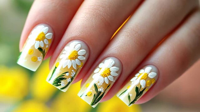A close-up of a hand with painted daisies on the nails