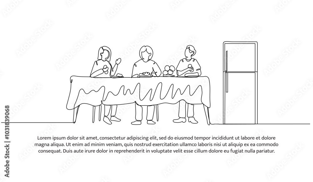 Poster continuous line design of eating with family. single line decorative element drawn on white.