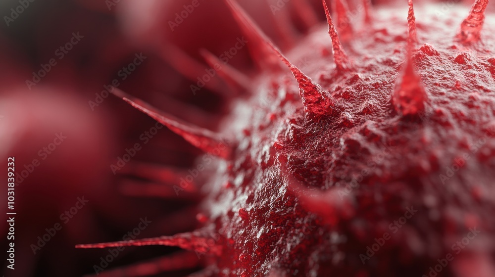 Aufkleber a detailed close-up 3d rendering of a spiky red virus particle, showing its textured surface and dan