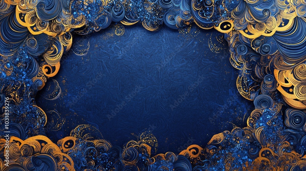 Poster a mesmerizing background featuring intricate patterns and soft gradients in deep blues and gold, exu