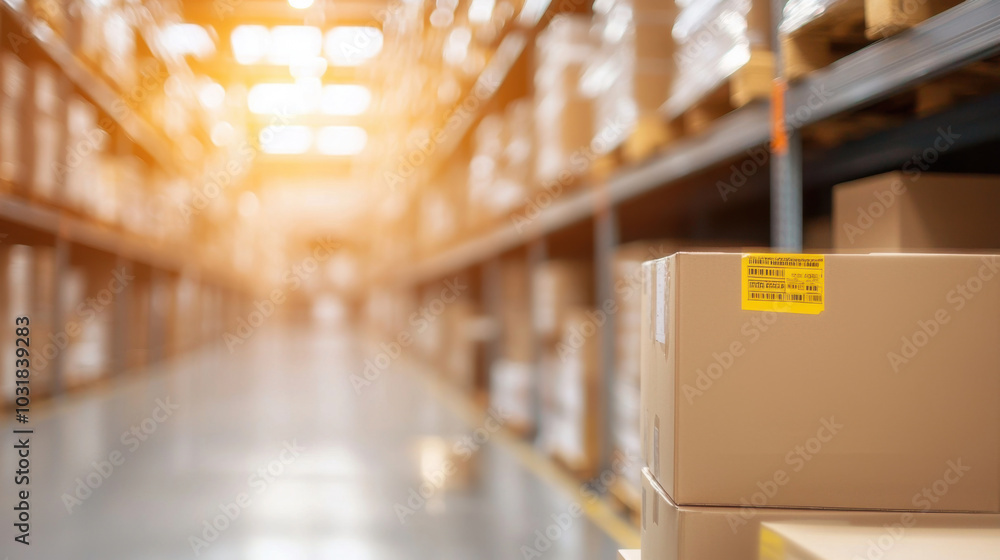 Poster efficiently organized boxes in modern warehouse create sense of order and productivity. warm lightin