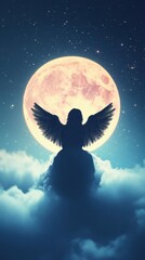 Naklejka premium A serene silhouette of an angel with outstretched wings, sitting on clouds under a bright full moon in a starry night sky.