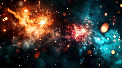 Panoramic 2025 New Year's Eve party banner featuring fireworks lighting up a textured dark blue rustic night sky