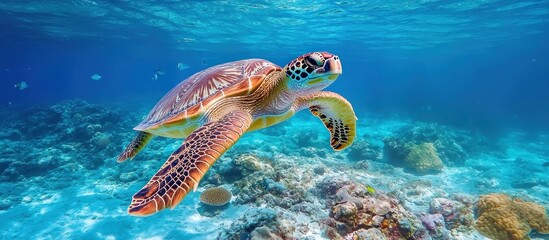 A sea turtle swims gracefully through clear blue water, surrounded by vibrant coral reefs.