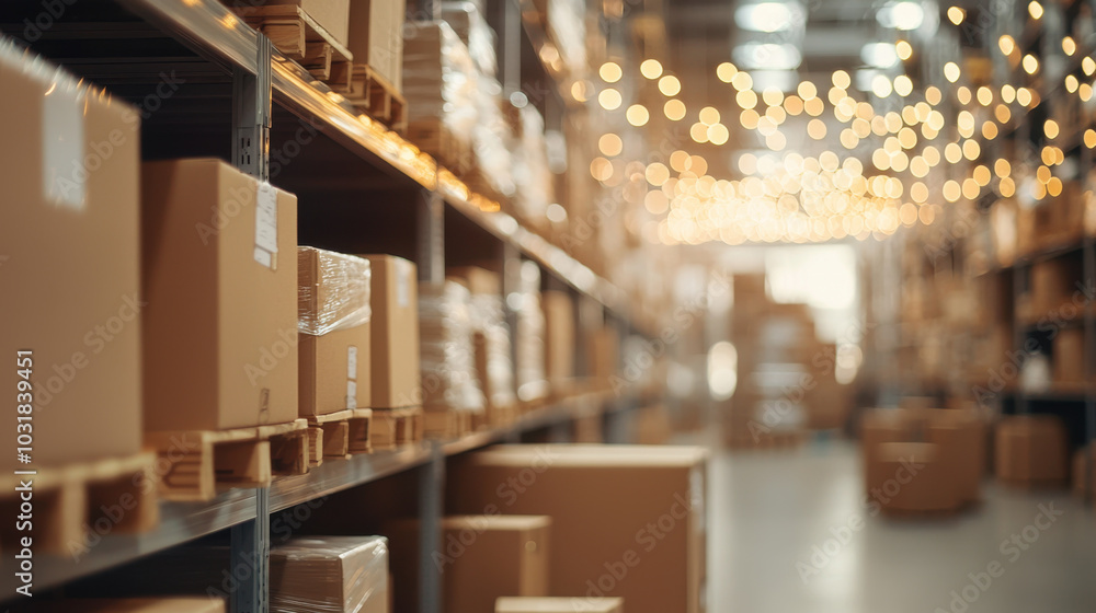 Poster neatly stacked boxes in modern warehouse create organized and efficient atmosphere, illuminated by s