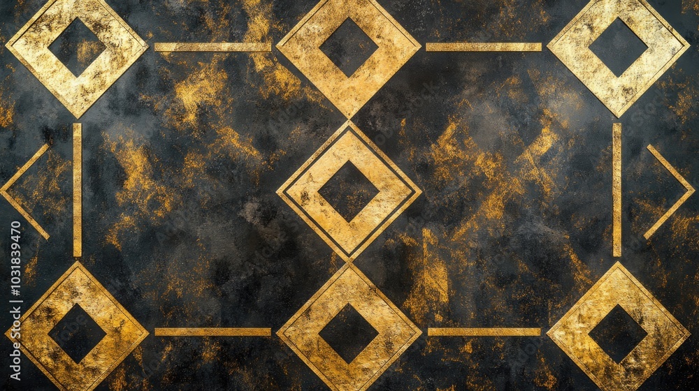 Poster a mesmerizing background with golden geometric patterns on a dark surface, radiating elegance and a 