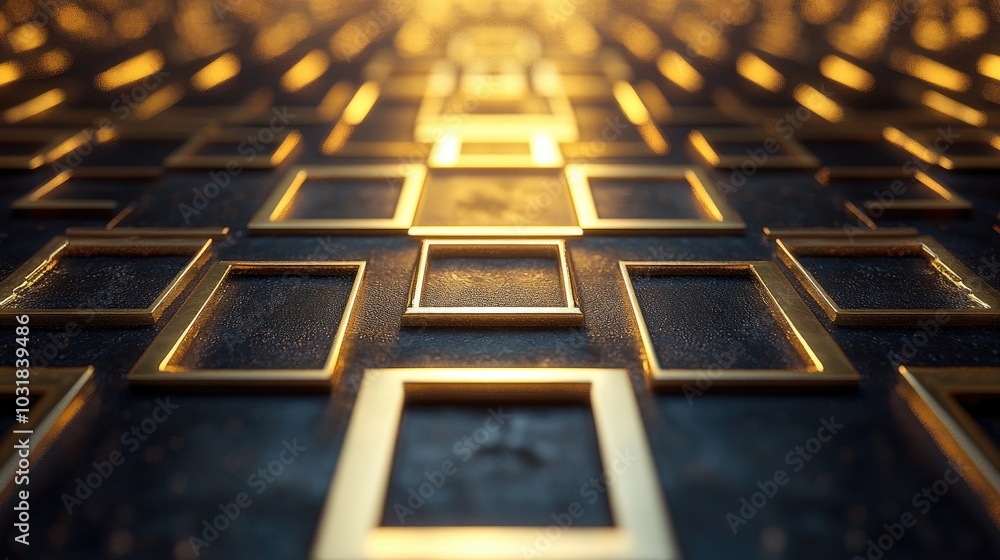 Poster a mesmerizing background with golden geometric patterns on a dark surface, radiating elegance and a 