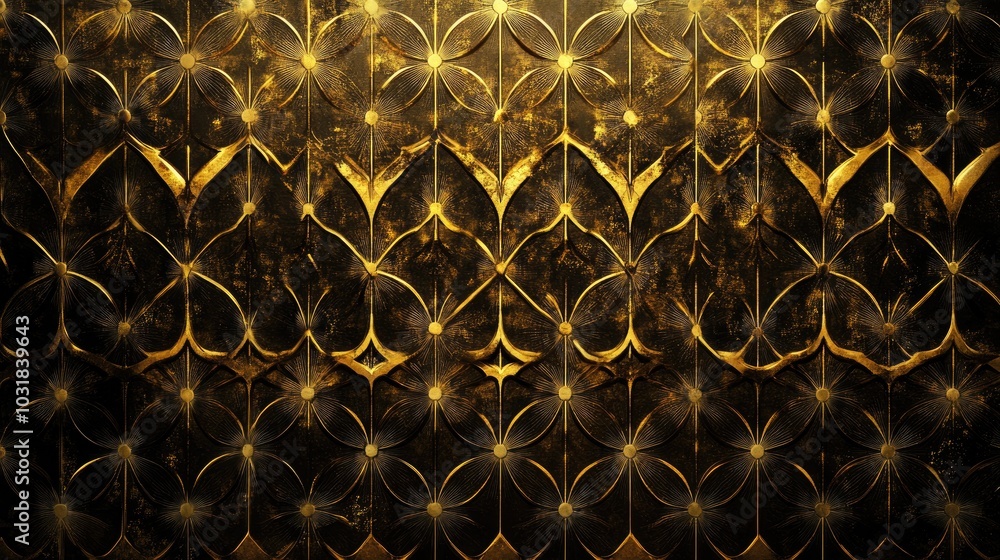 Poster a mesmerizing background with golden geometric patterns on a dark surface, radiating elegance and a 