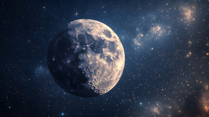 Fototapeta premium Close-up of the moon illuminated in space, surrounded by stars and galaxies, cosmic landscape, breathtaking view of the night sky, astronomy, universe exploration