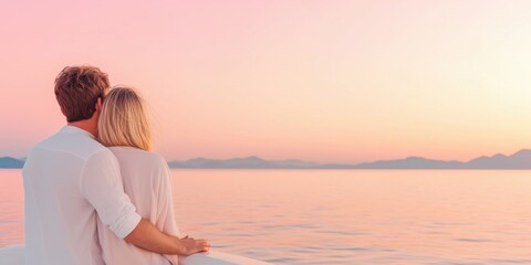 A picturesque Valentine's Day boat date with a couple enjoying a sunset cruise. A couple in love sailing on a boat and enjoying the views of the sky