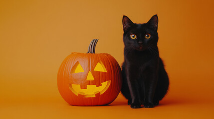 Black Cat with witch hat and pumpkin lanterns, autumn Halloween background
