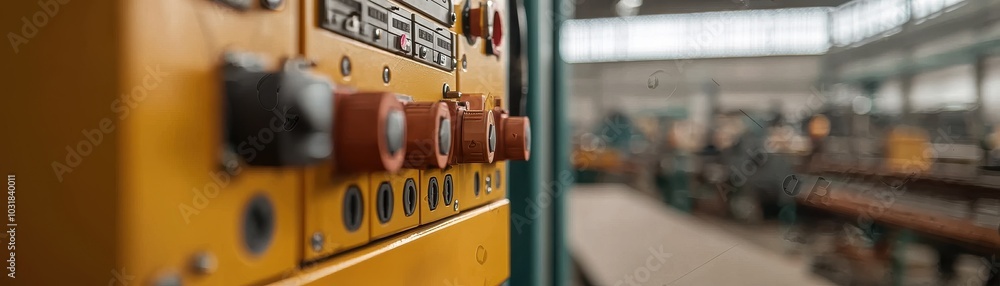 Aufkleber close-up of industrial control panel with buttons in a workshop setting.