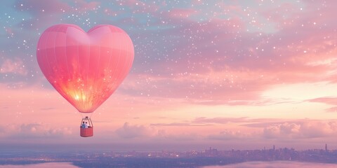 Fototapeta premium A giant heart-shaped balloon floating above the city skyline, with twinkling lights below and a couple inside enjoying a romantic ride under the stars.
