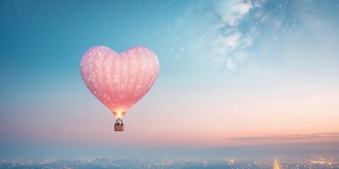Fototapeta premium A giant heart-shaped balloon floating above the city skyline, with twinkling lights below and a couple inside enjoying a romantic ride under the stars.