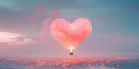 Fototapeta premium A giant heart-shaped balloon floating above the city skyline, with twinkling lights below and a couple inside enjoying a romantic ride under the stars.