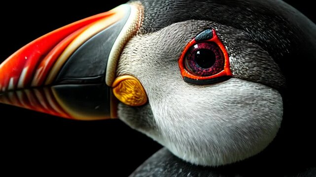 A close-up of a puffin's face, showcasing its bright orange and red beak and piercing red eye