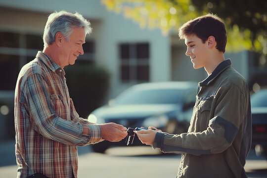 Heartwarming moment of an elderly man handing car keys to a young man, symbolizing trust, family bonds, responsibility, learning to drive, generational connection, guidance