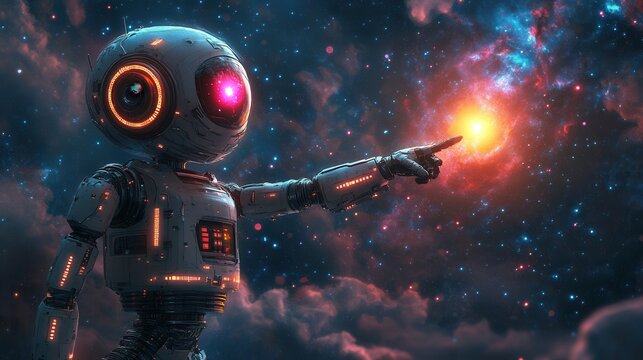 Futuristic robot exploring space, pointing at a glowing star in a starry galaxy. Sci-fi concept of artificial intelligence and cosmic discovery.