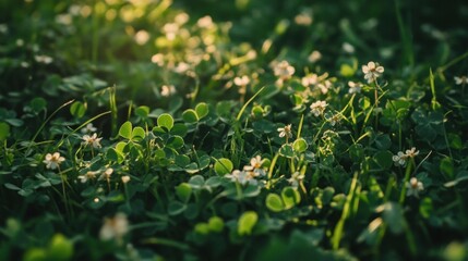 A close-up of thick, green grass with clover and small wildflowers growing among