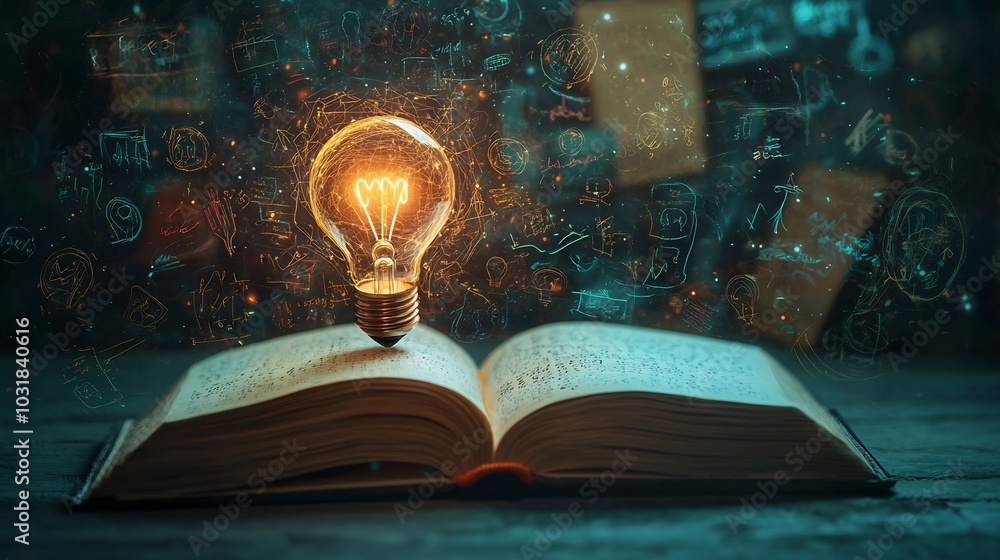 Poster 3d illustration for world intellectual property day featuring an open book with a glowing light bulb