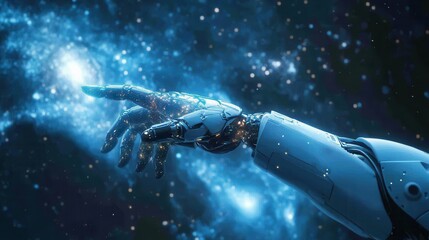 Futuristic robot hand reaching towards a glowing star in space, symbolizing technology advancement and exploration of the universe.