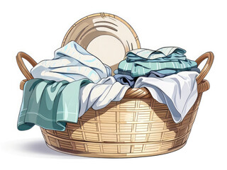 Laundry basket clean clothes cleaning chores housework, clean clothes and Wicker basket with clean laundry isolated on white background