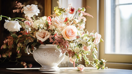 Beautiful floral arrangement with winter, autumn or early spring botanical plants and flowers