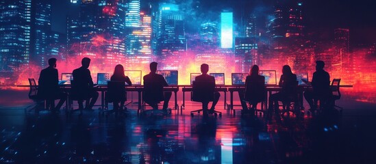 Obraz premium Silhouettes of people working at computers against a backdrop of a vibrant city skyline at night.