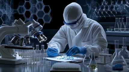 A scientist writing notes on a transparent board filled with chemical formulas and drug trial results