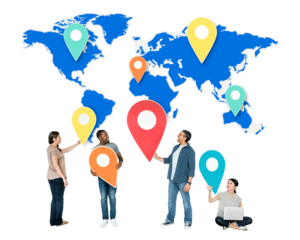 People png holding location pins sticker, transparent background