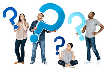 Question marks png sticker, diverse people holding icons, transparent background