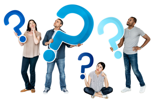 Question marks png sticker, diverse people holding icons, transparent background