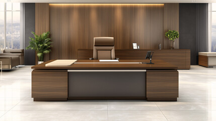 Minimalist office space with a wooden desk, leather chair, minimal accessories, and soft sunlight enhancing the clean design