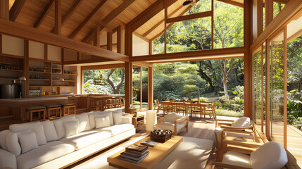 Fototapeta premium Minimalist open living room with soft tones, wooden accents, and large windows creating a serene, airy feel