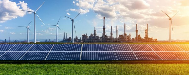 A harmonious blend of wind turbines and solar panels near an industrial skyline, symbolizing renewable energy and sustainability.