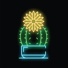 Vibrant neon cactus with a blooming flower, radiating a luminous glow against a dark background