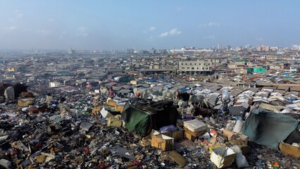 Ghana, Accra,   AGBOGBLOSHIE drone view Odaw River the largest landfill illegal dump in Africa for...